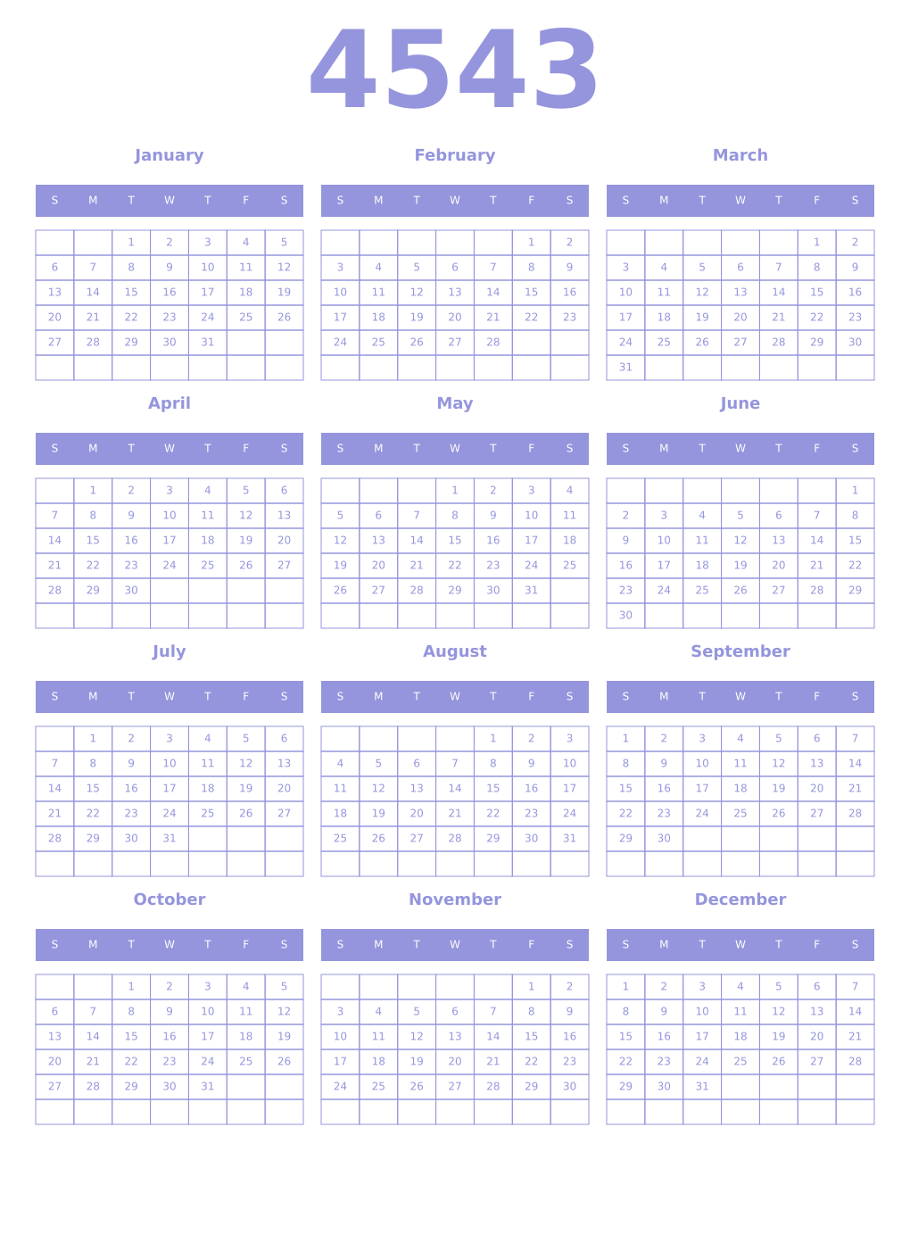 Printable 4543 Year Calendars periwinkle