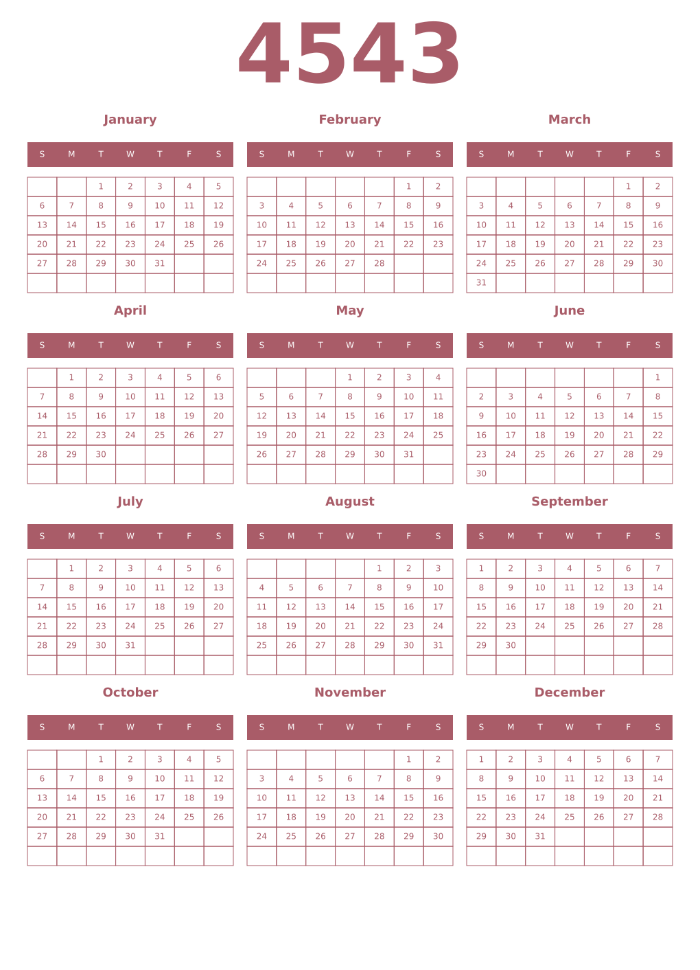 Printable 4543 Year Calendars puce