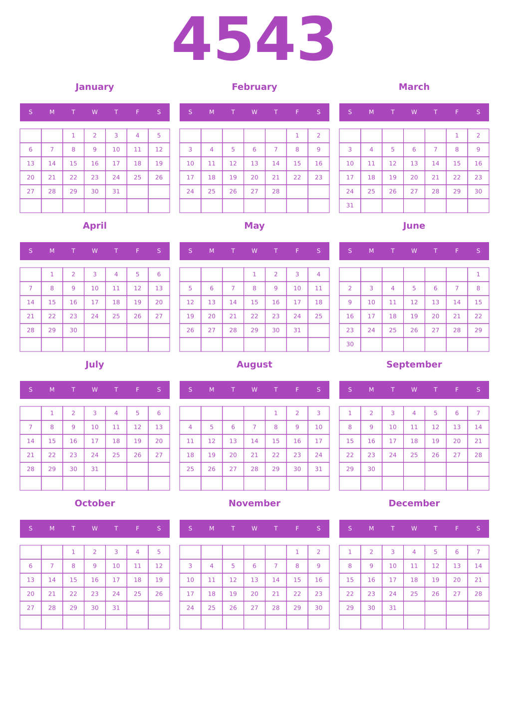 Printable 4543 Year Calendars purple