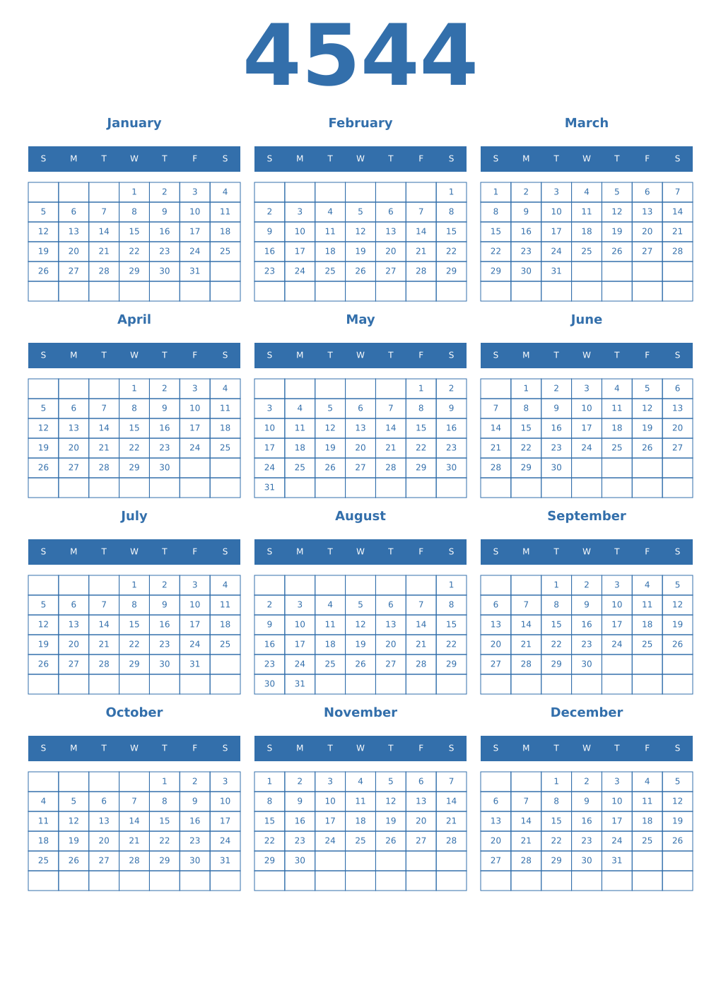 Printable 4544 Year Calendars blue