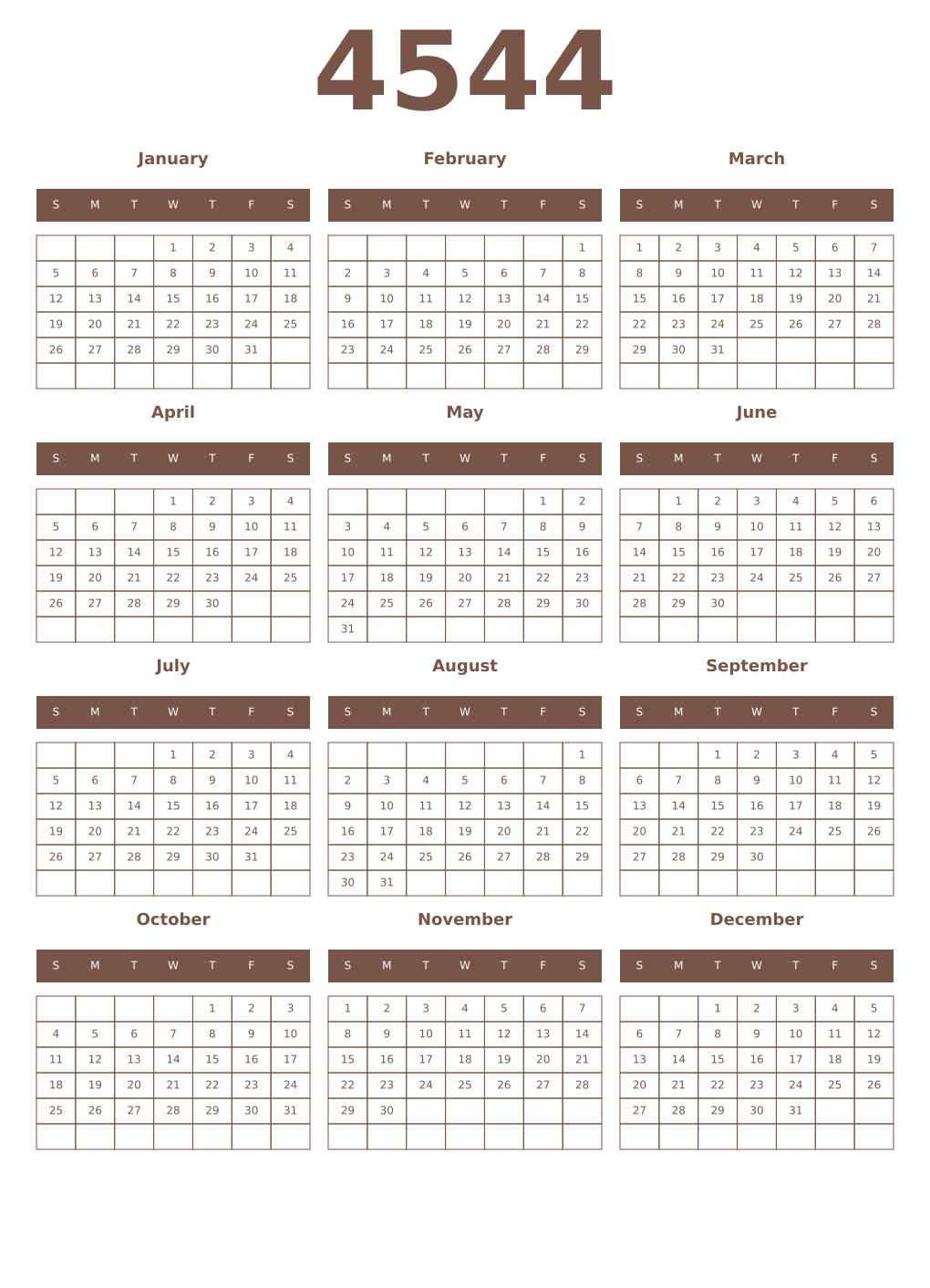 Printable 4544 Year Calendars coffe
