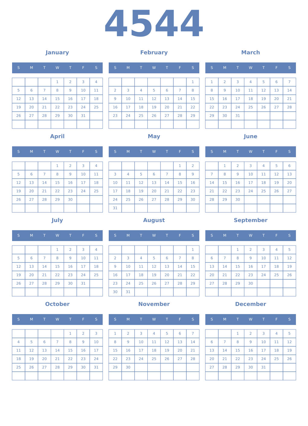 Printable 4544 Year Calendars glaucous