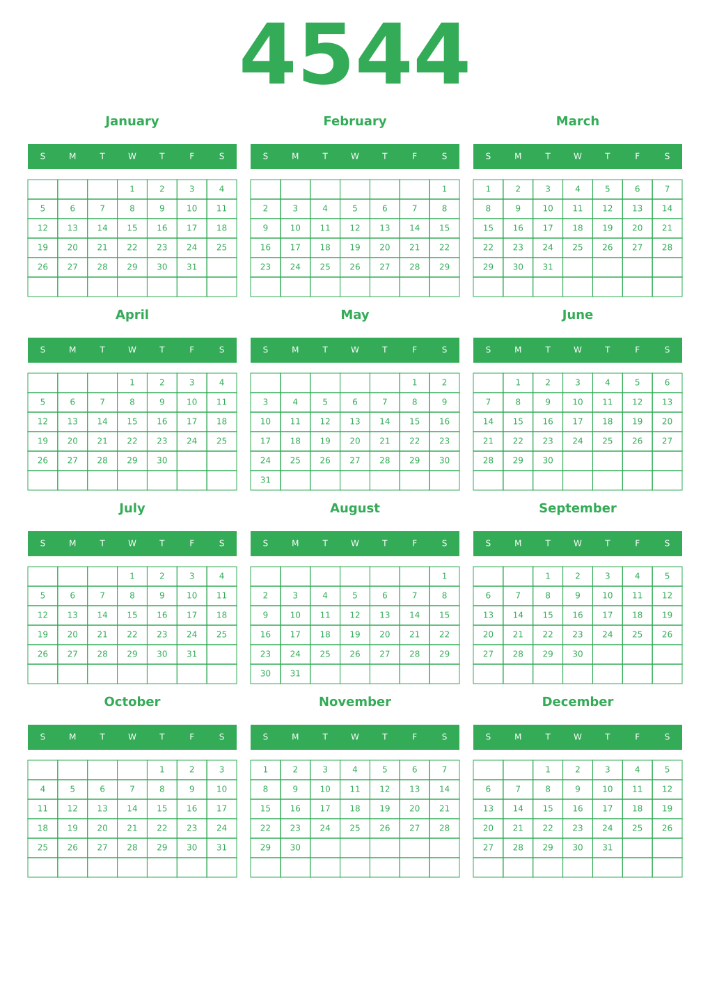 Printable 4544 Year Calendars green