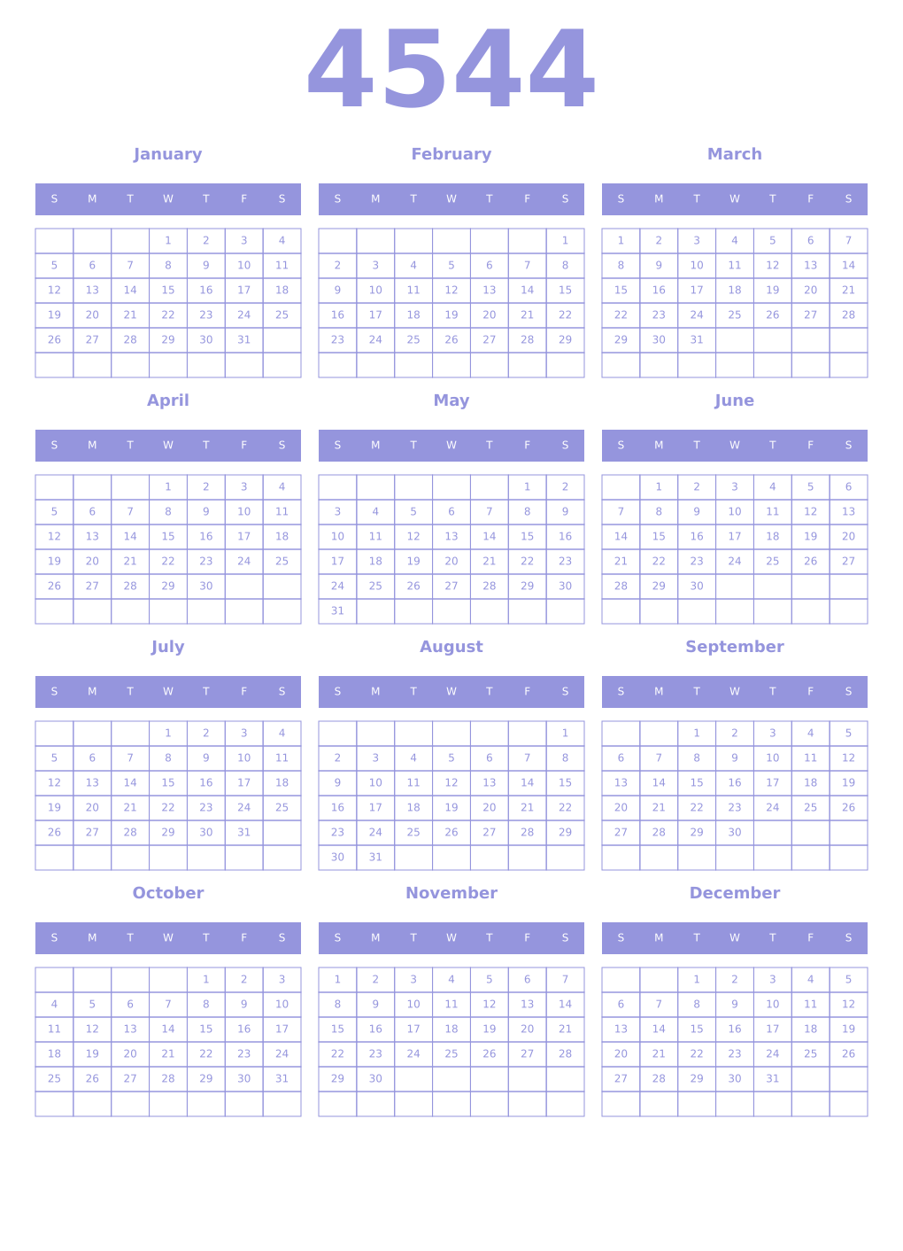 Printable 4544 Year Calendars periwinkle
