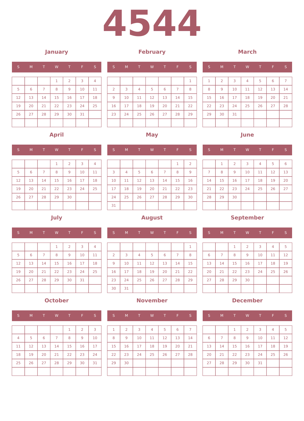 Printable 4544 Year Calendars puce
