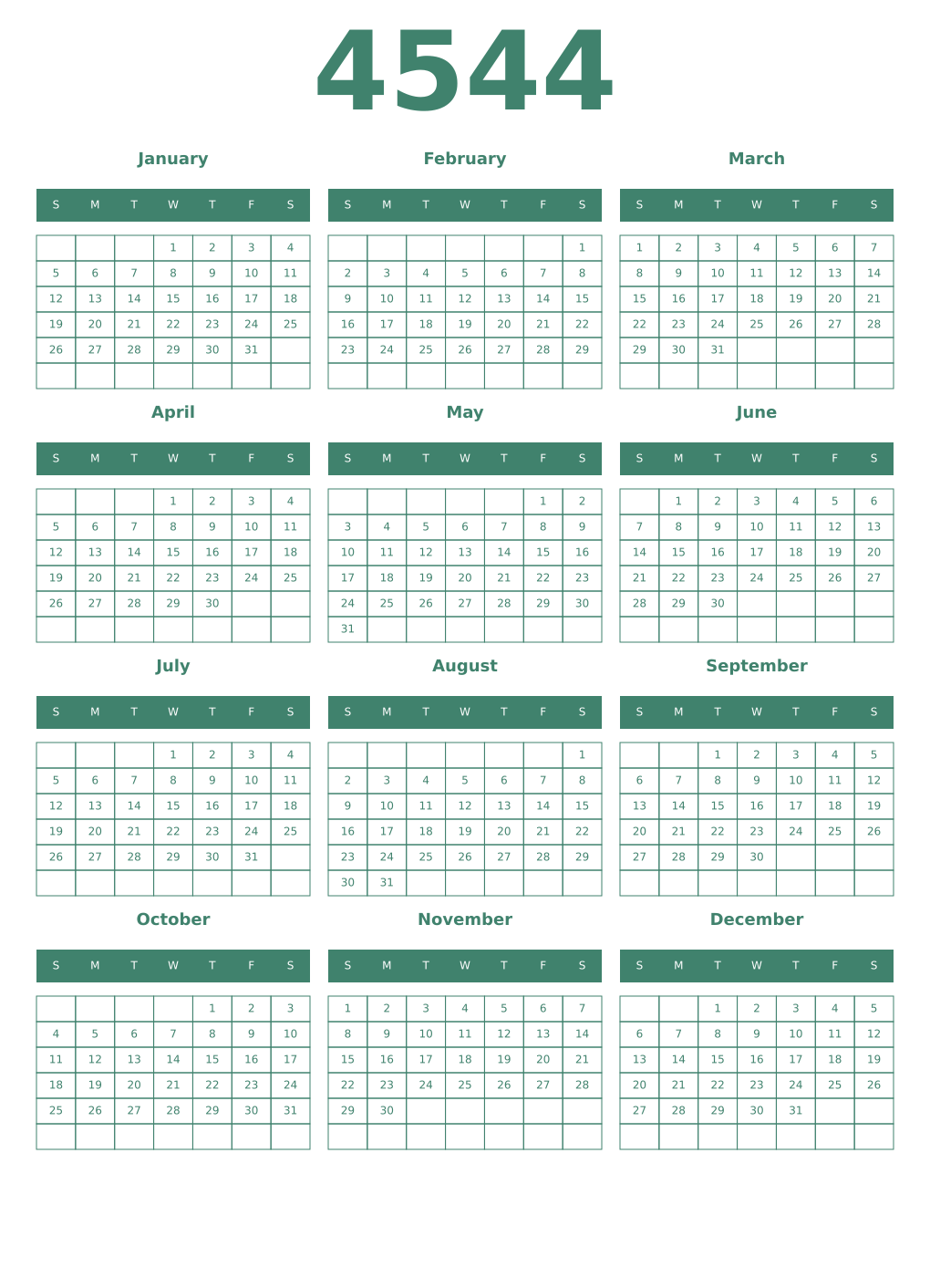 Printable 4544 Year Calendars viridian