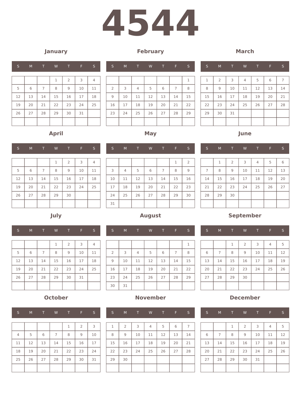 Printable 4544 Year Calendars wenge