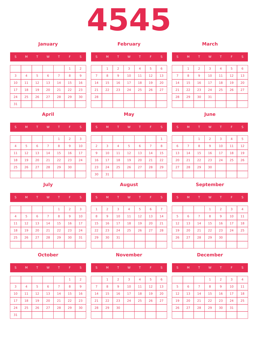 Printable 4545 Year Calendars amaranth