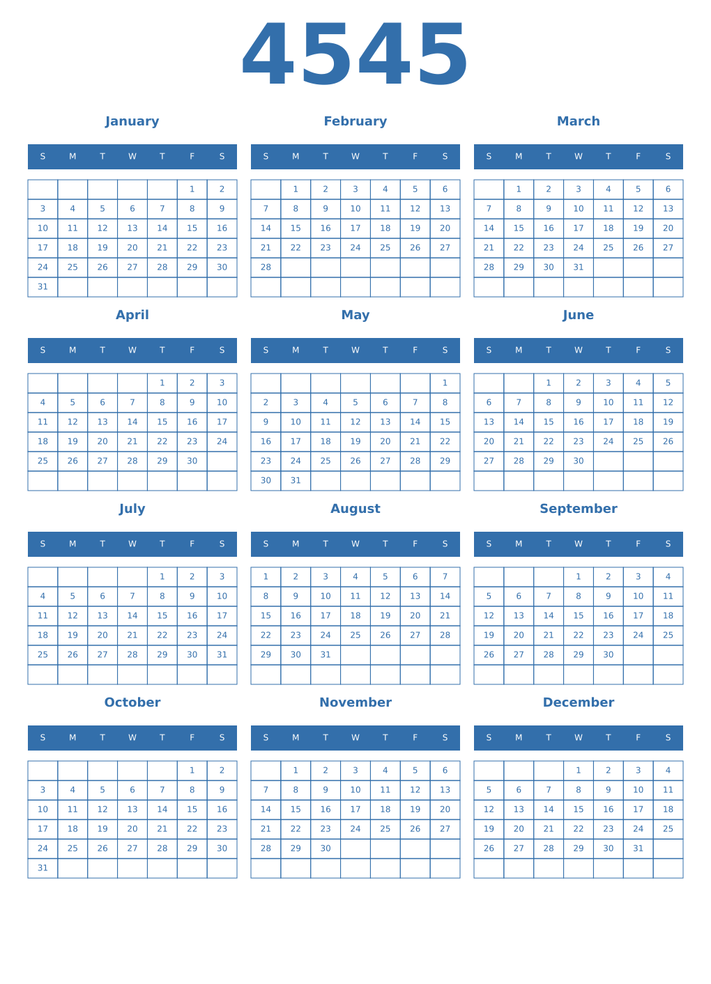Printable 4545 Year Calendars blue