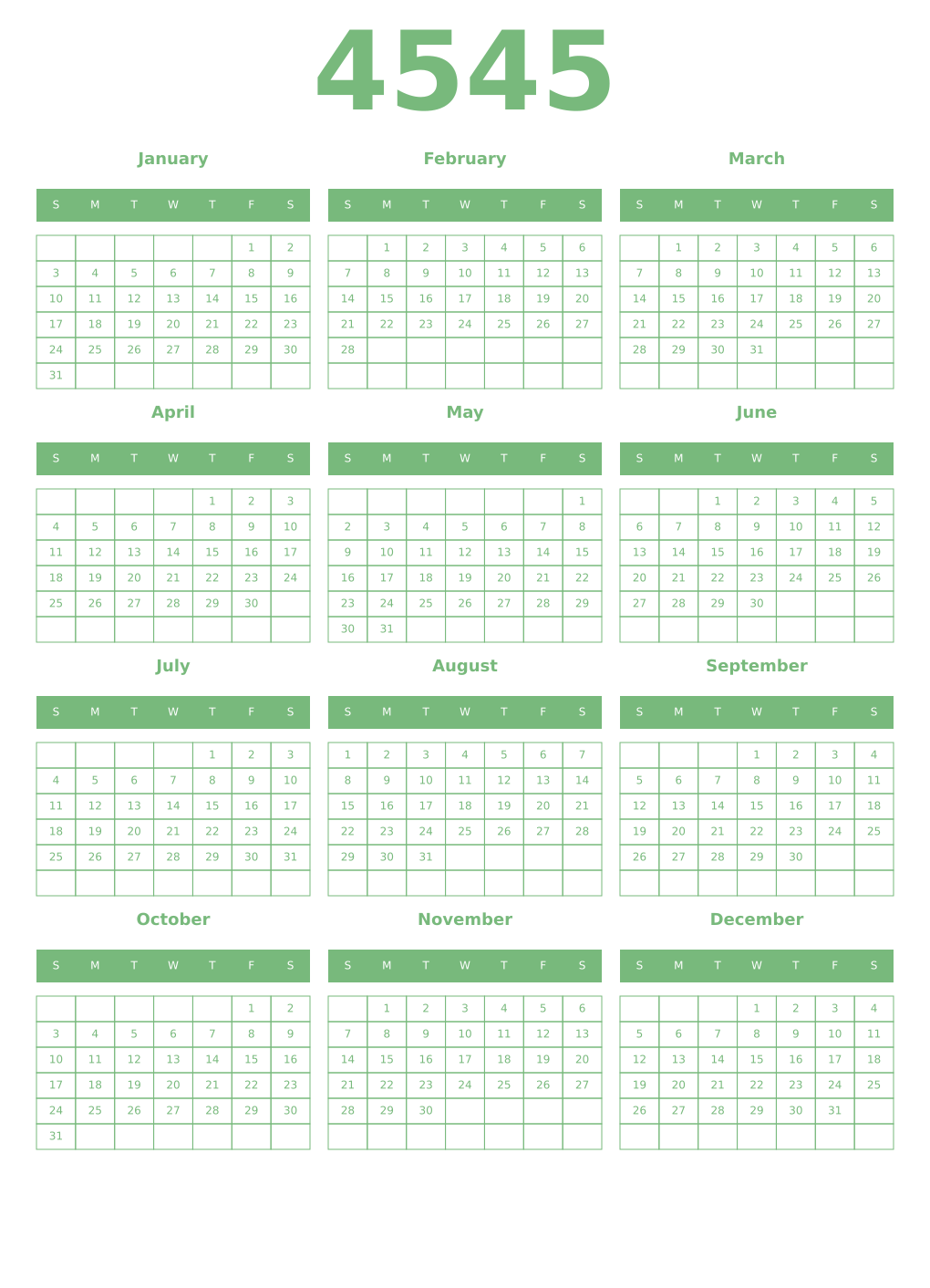 Printable 4545 Year Calendars celadon