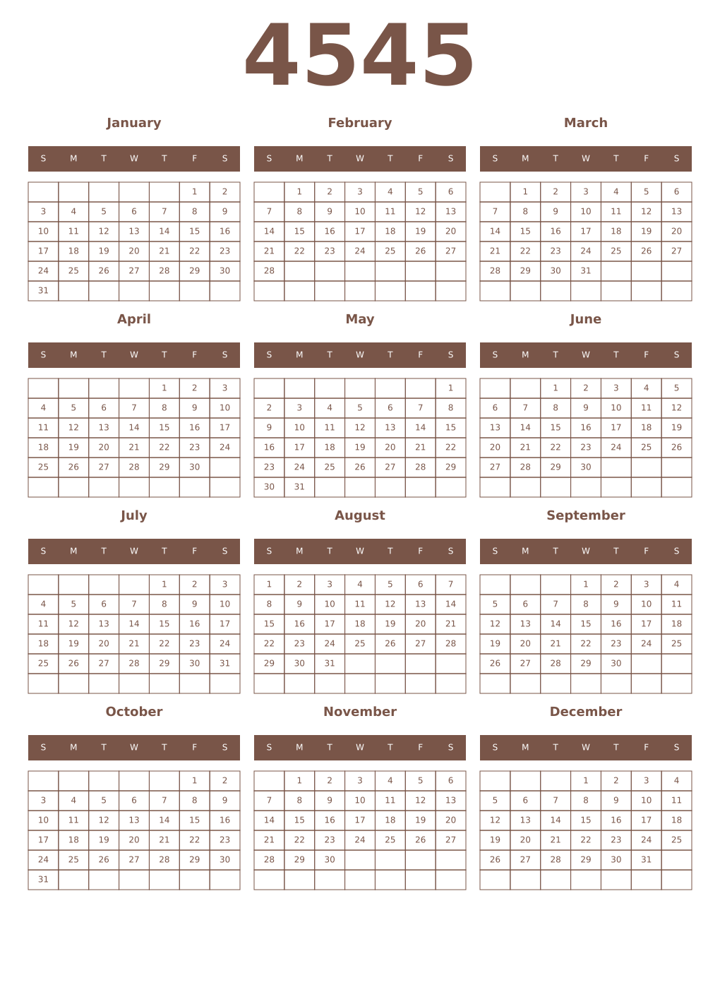 Printable 4545 Year Calendars coffe