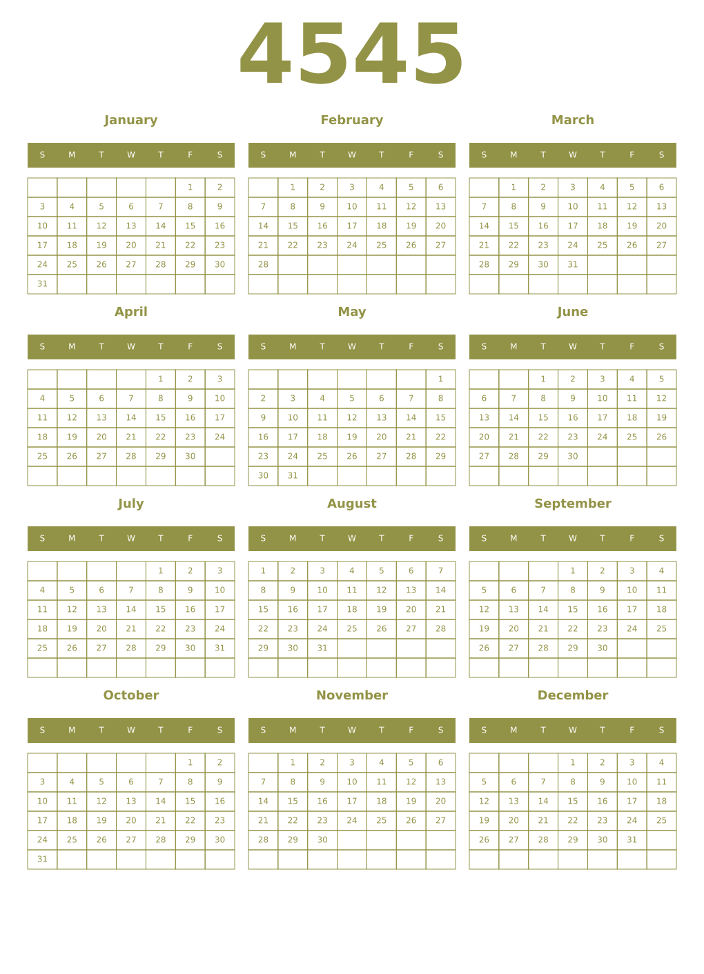 Printable 4545 Year Calendars eburnean