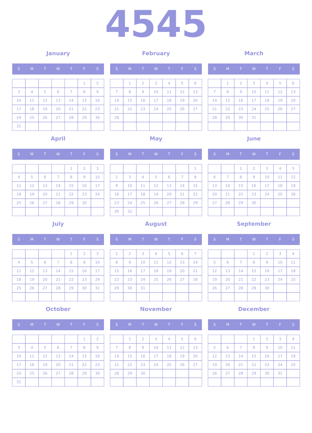 Printable 4545 Year Calendars periwinkle