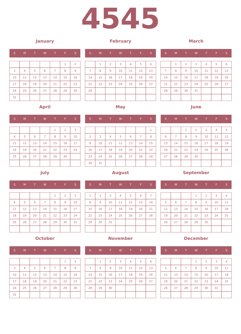 Printable 4545 Year Calendars puce