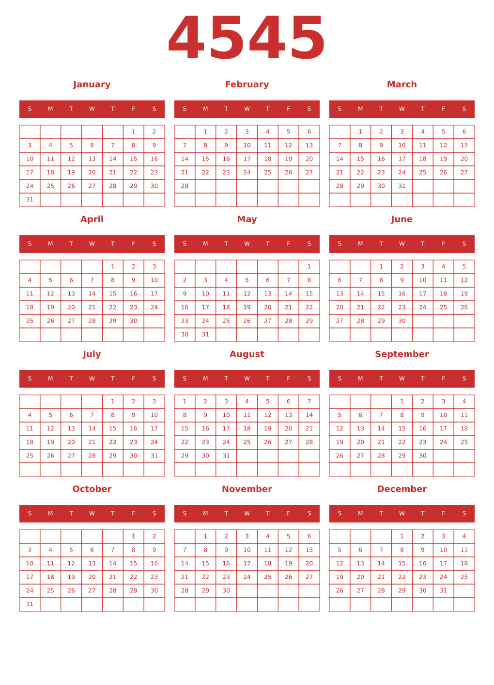 Printable 4545 Year Calendars red