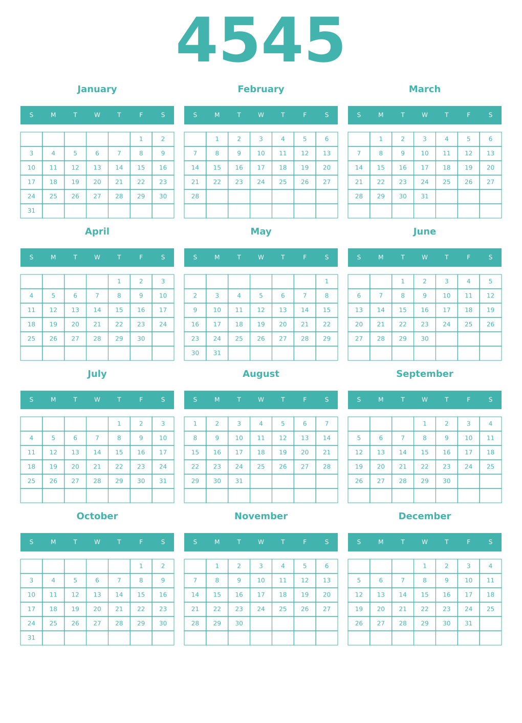 Printable 4545 Year Calendars verdigris