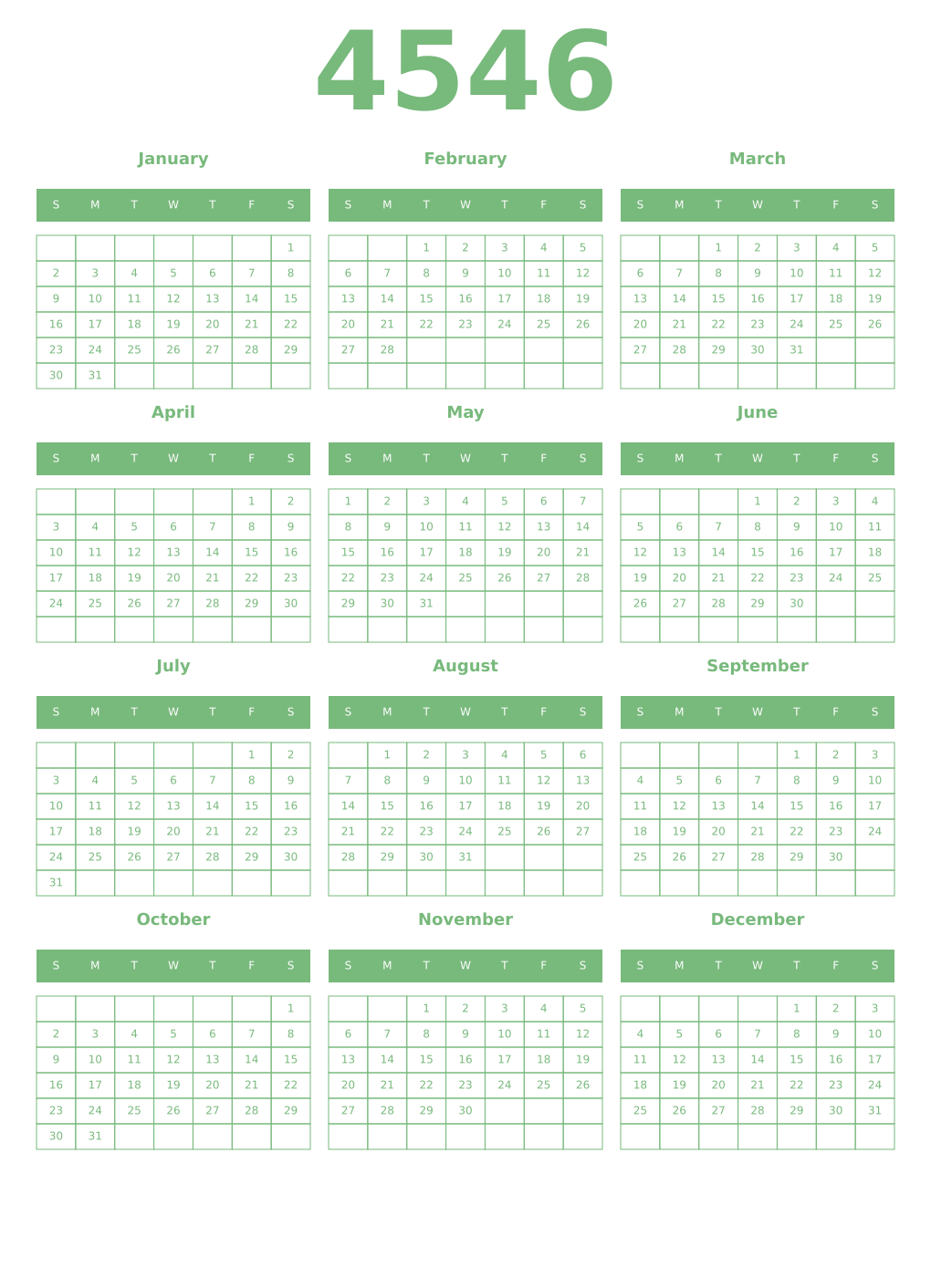 Printable 4546 Year Calendars celadon