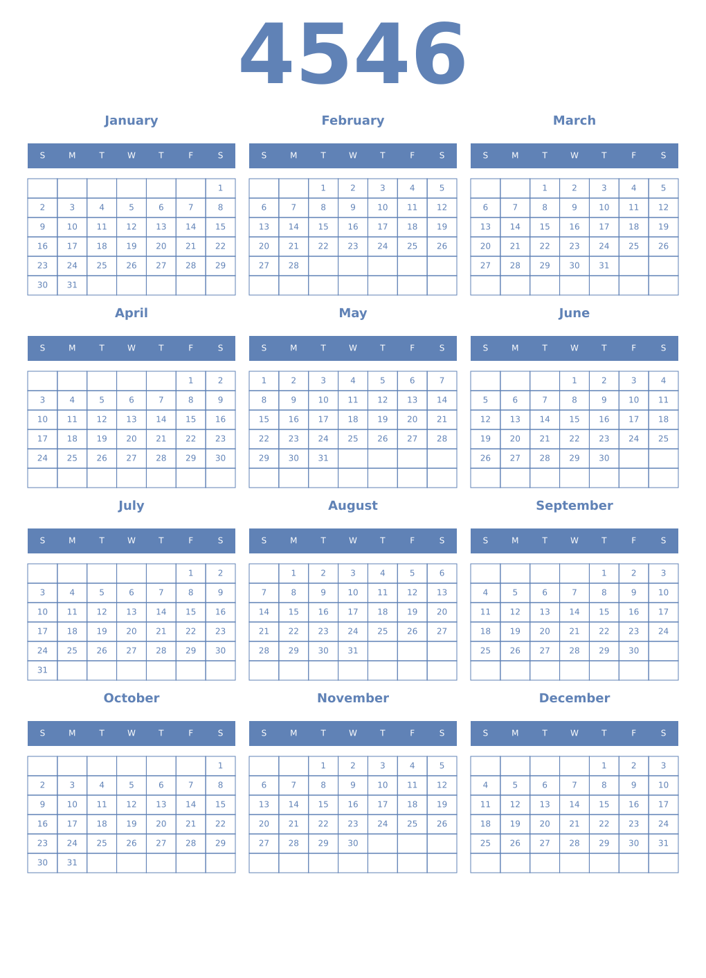 Printable 4546 Year Calendars glaucous