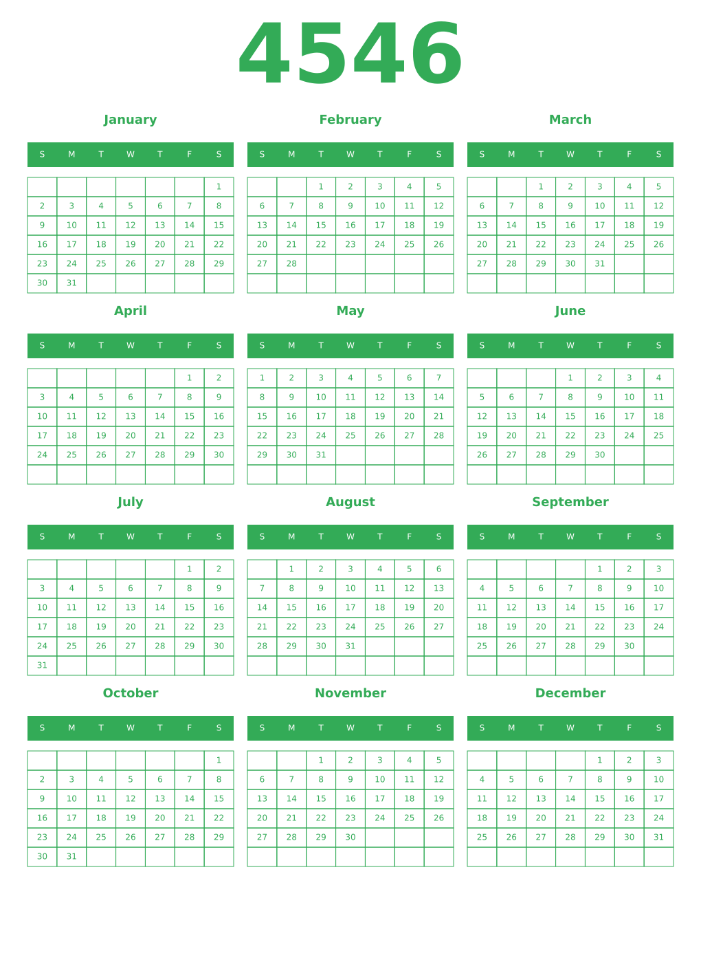 Printable 4546 Year Calendars green