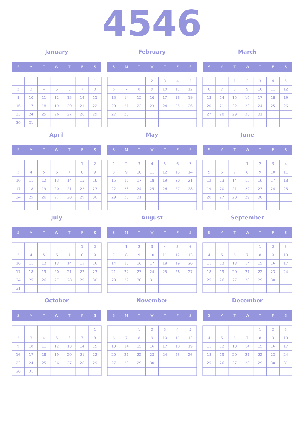Printable 4546 Year Calendars periwinkle