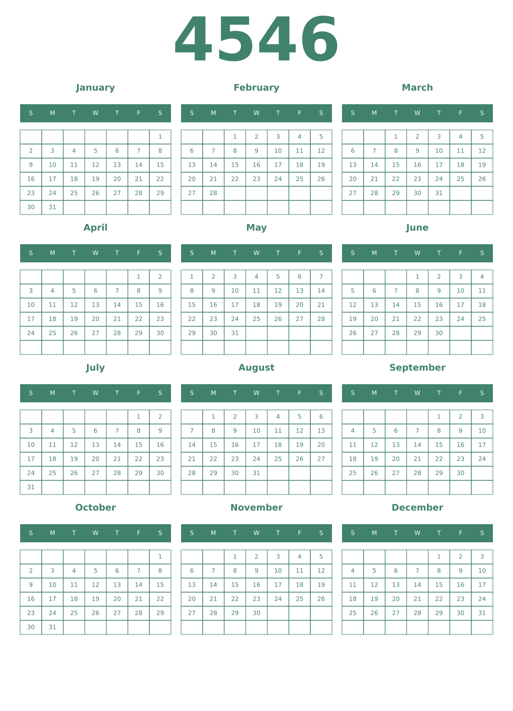 Printable 4546 Year Calendars viridian