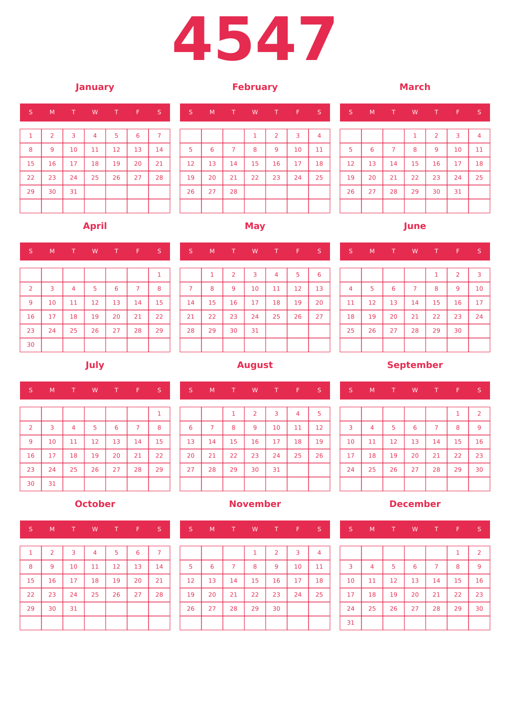 Printable 4547 Year Calendars amaranth