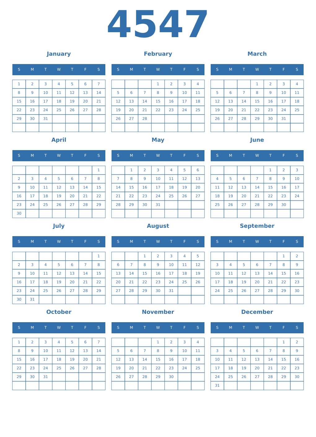 Printable 4547 Year Calendars blue