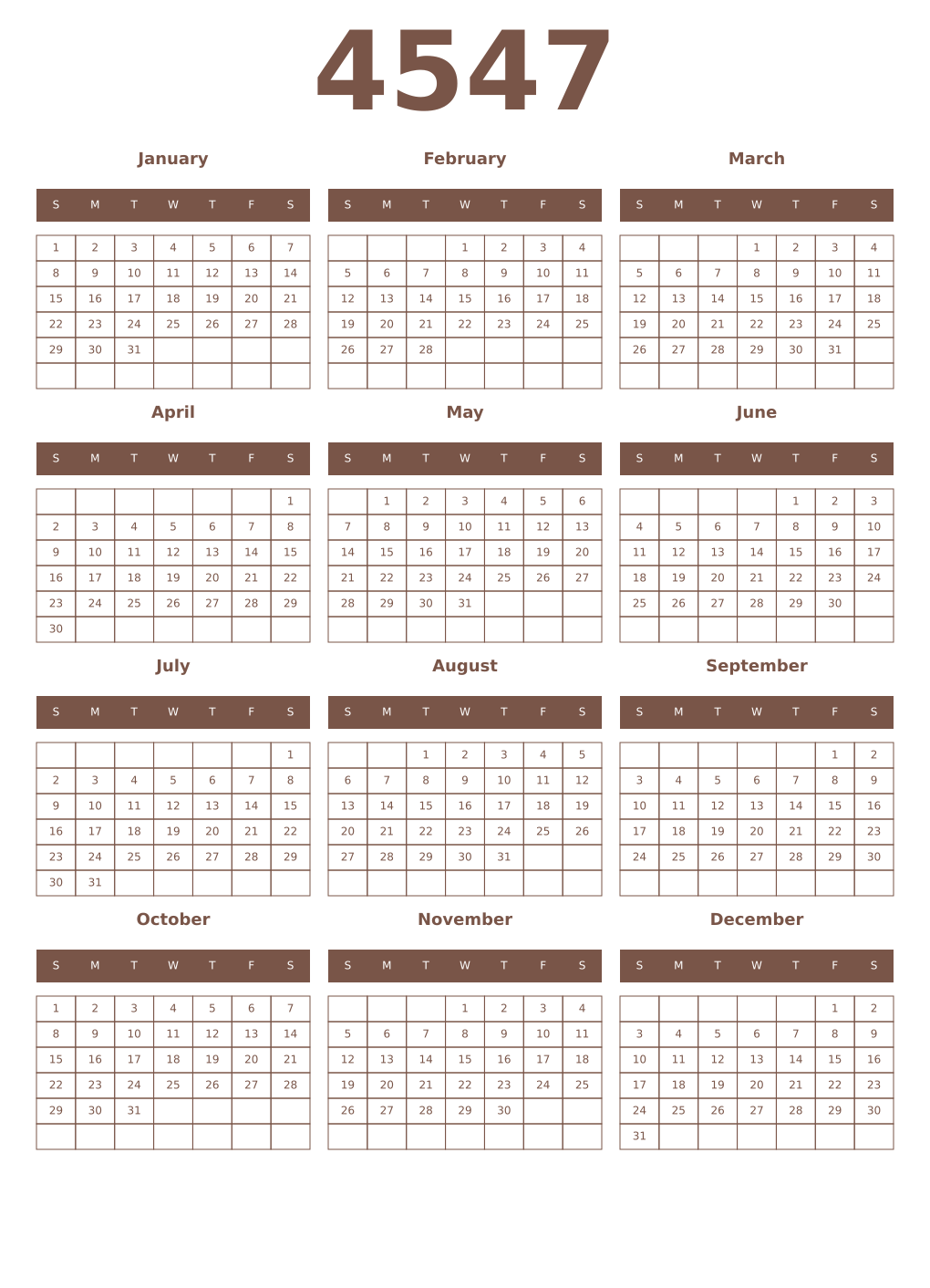 Printable 4547 Year Calendars coffe