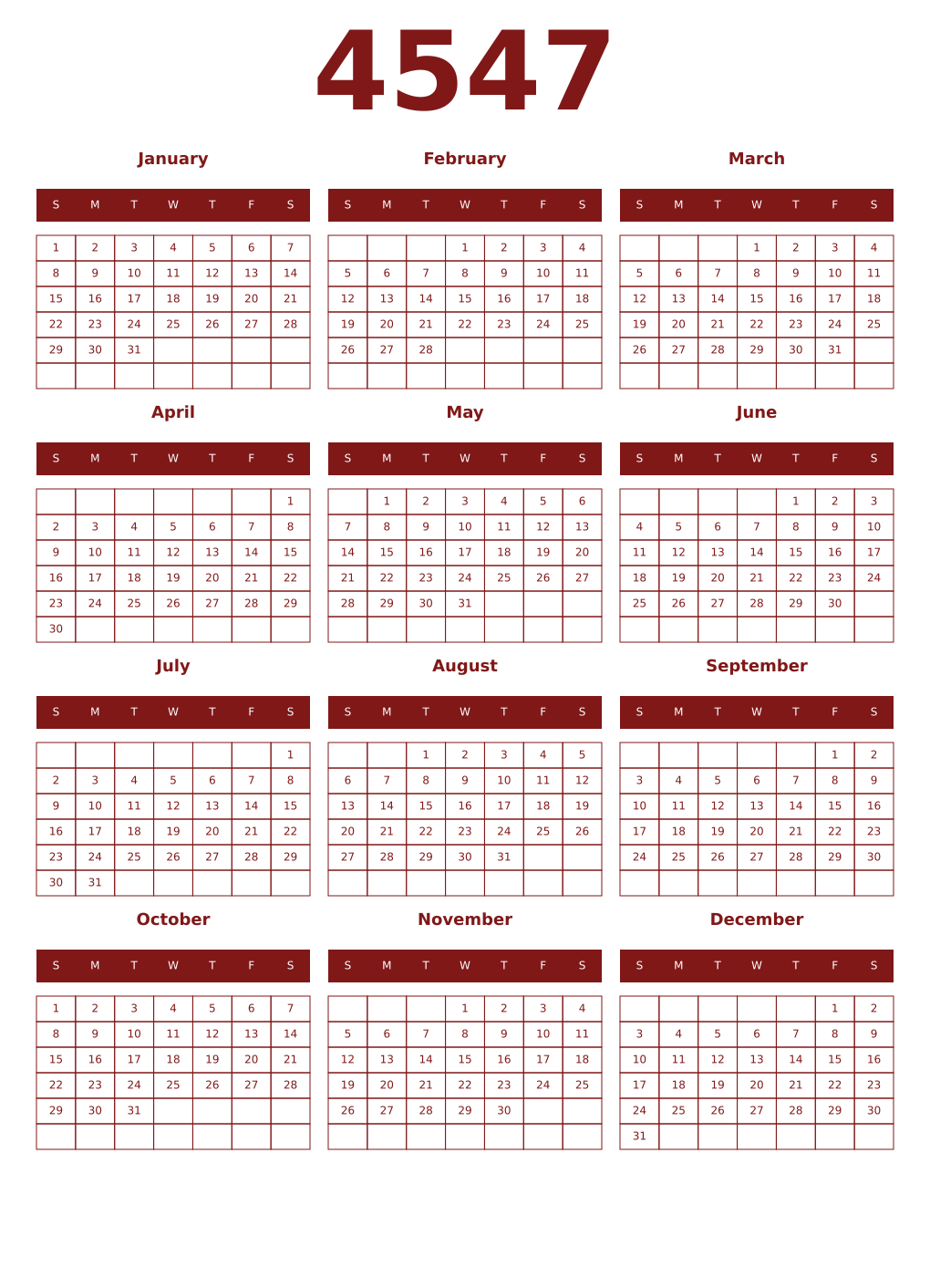 Printable 4547 Year Calendars falu