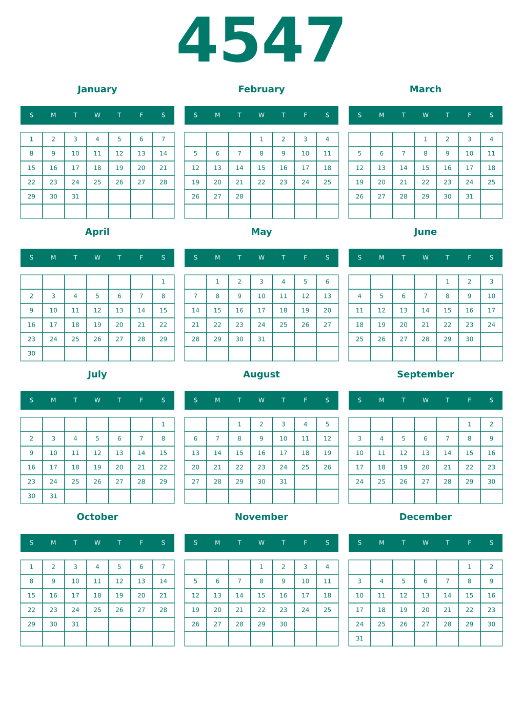 Printable 4547 Year Calendars pastel