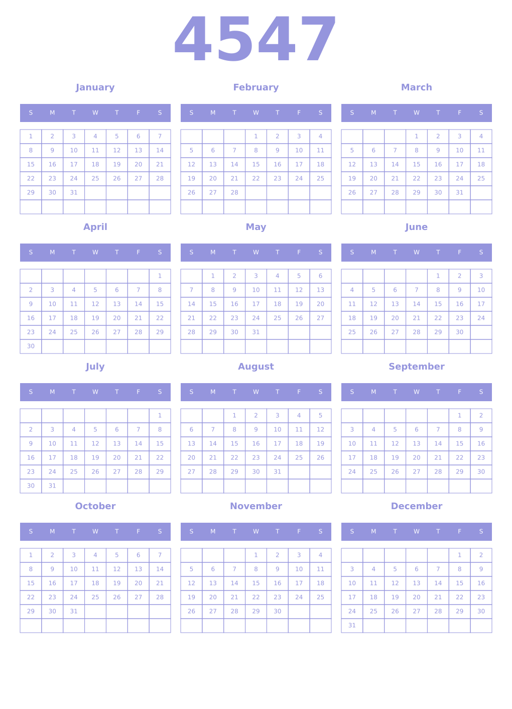 Printable 4547 Year Calendars periwinkle