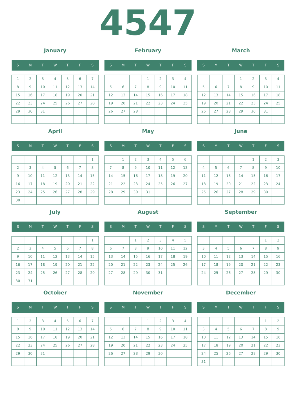 Printable 4547 Year Calendars viridian