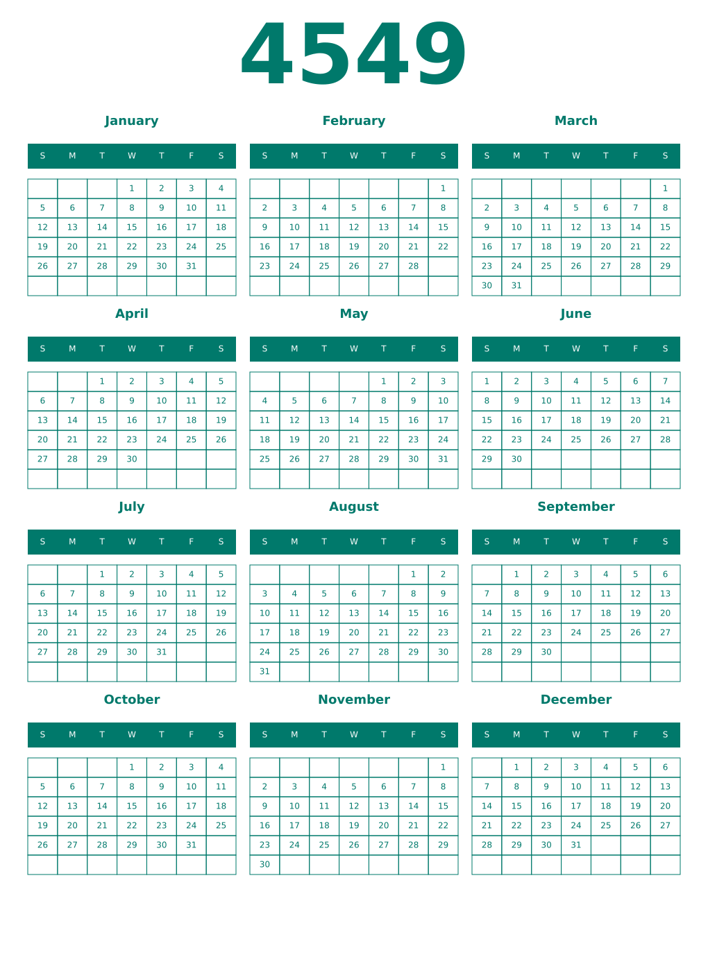 Printable 4549 Year Calendars pastel