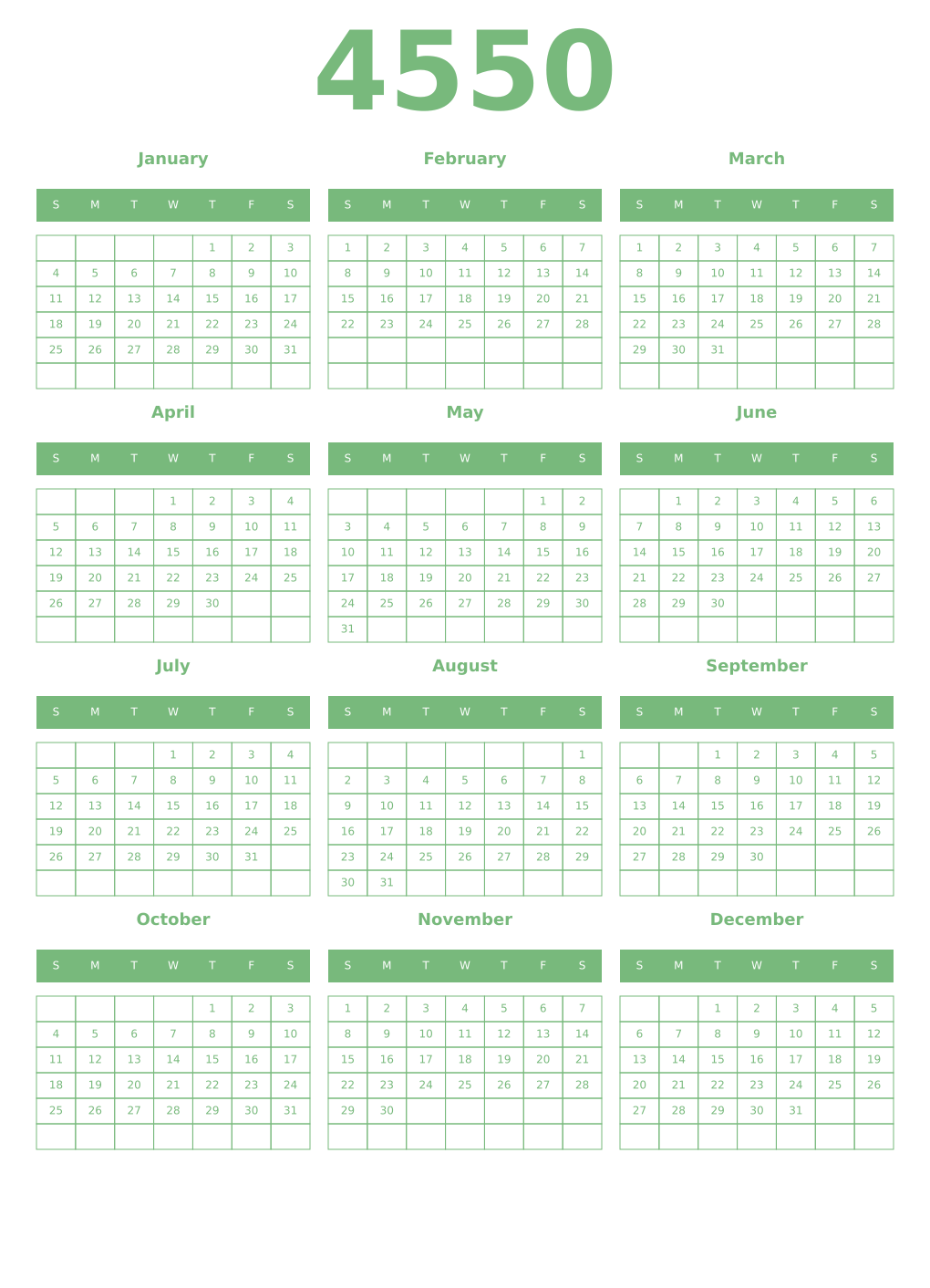 Printable 4550 Year Calendars celadon