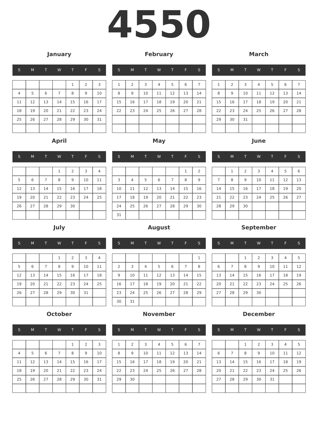 Printable 4550 Year Calendars dark