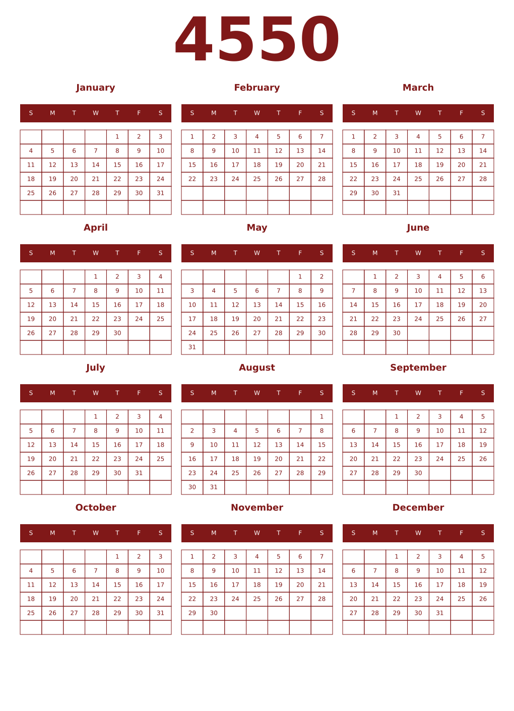 Printable 4550 Year Calendars falu