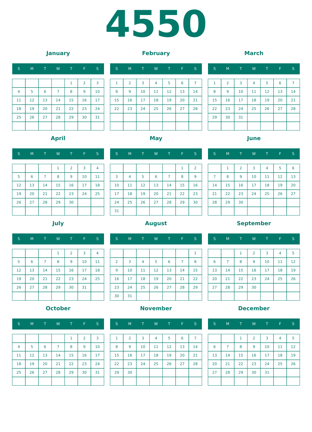 Printable 4550 Year Calendars pastel