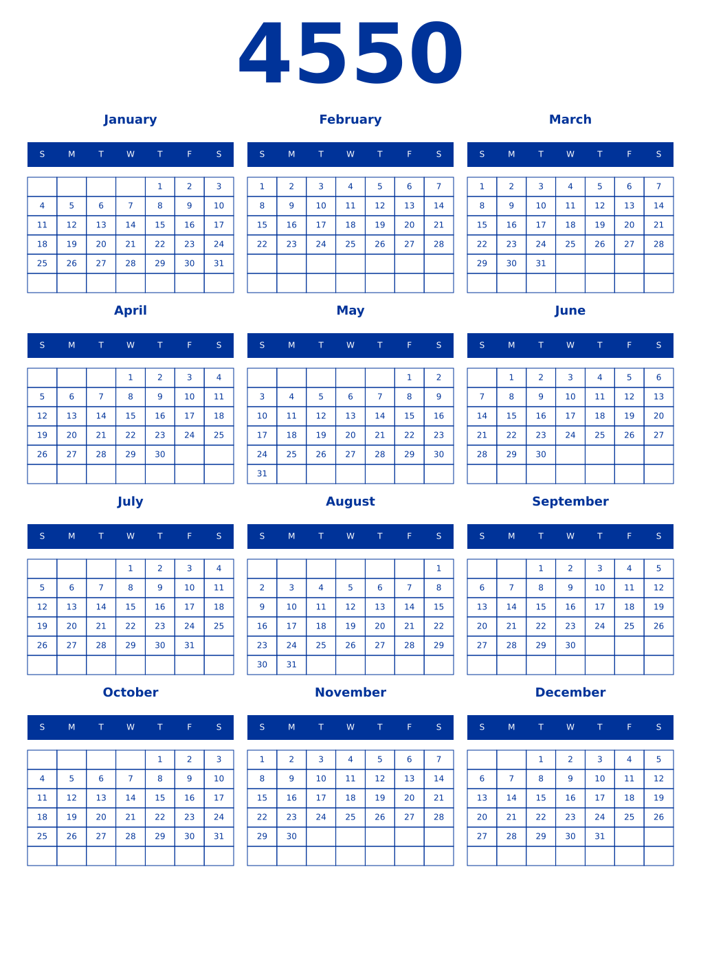 Printable 4550 Year Calendars smalt