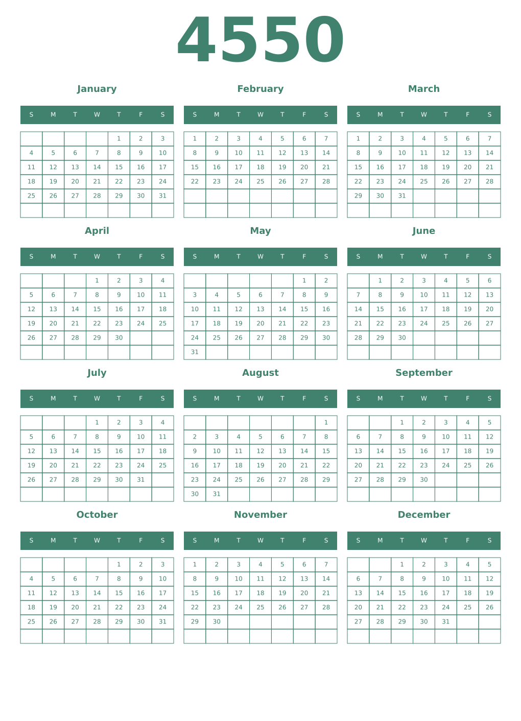 Printable 4550 Year Calendars viridian