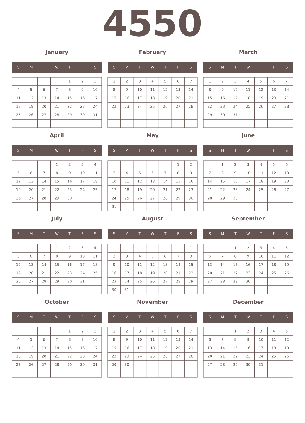 Printable 4550 Year Calendars wenge