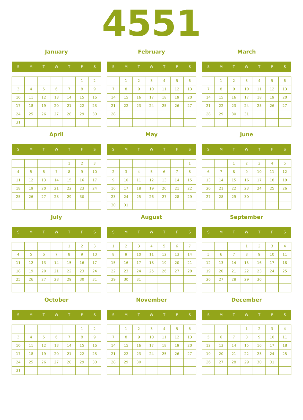 Printable 4551 Year Calendars chartreuse