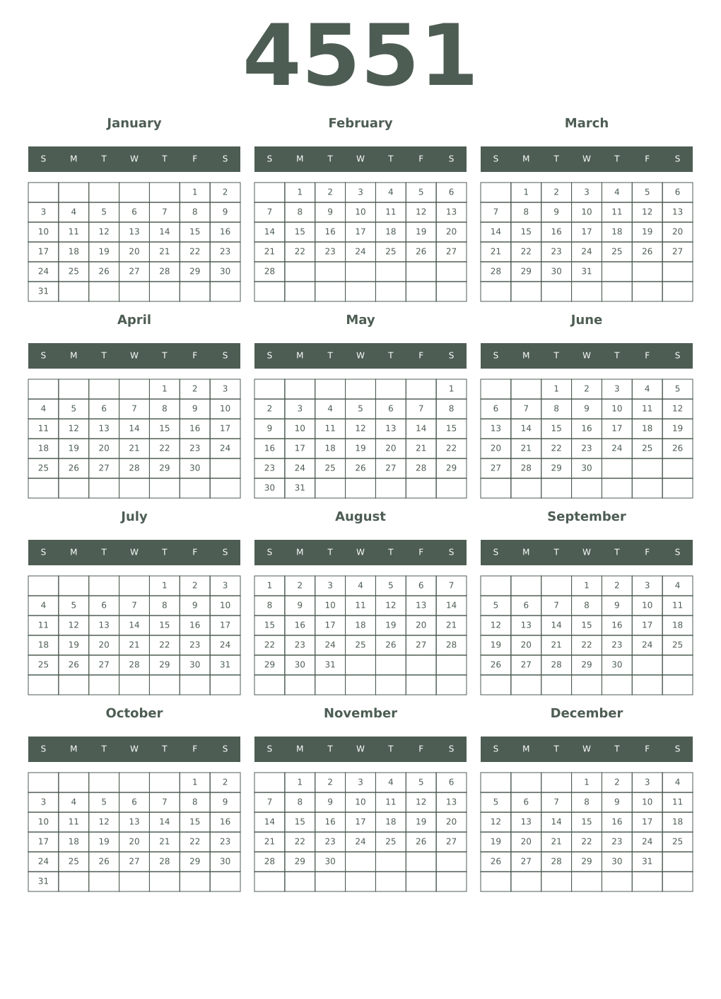 Printable 4551 Year Calendars feldgrau
