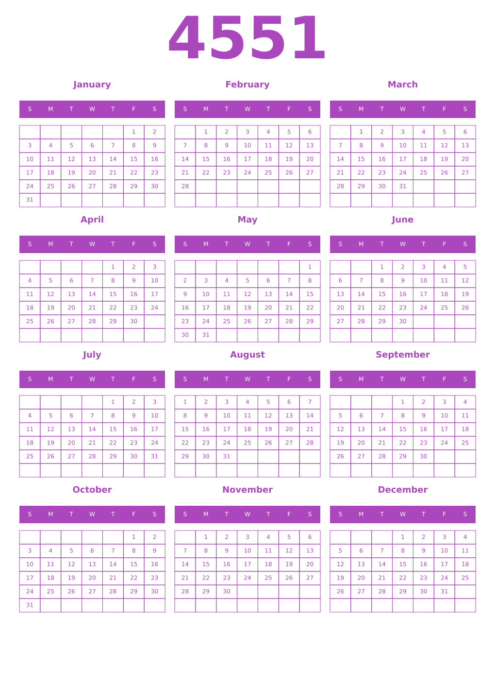Printable 4551 Year Calendars purple