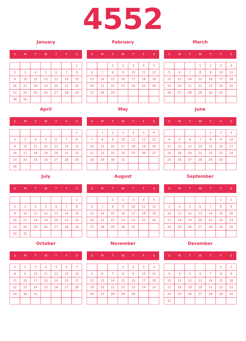 Printable 4552 Year Calendars amaranth