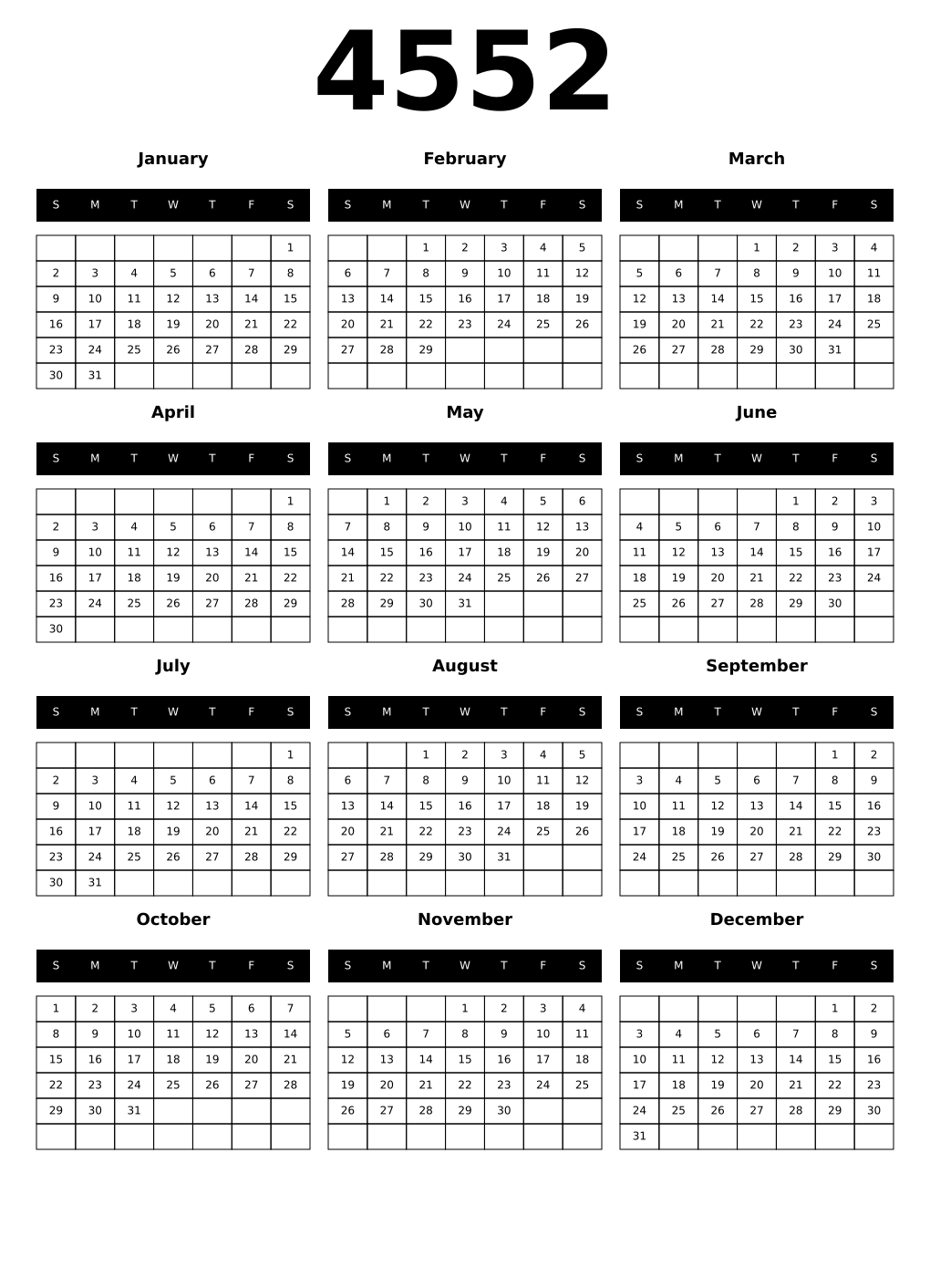 Printable 4552 Year Calendars black