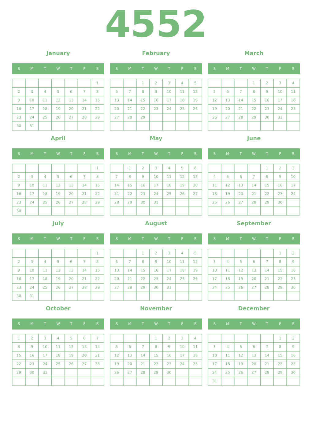 Printable 4552 Year Calendars celadon