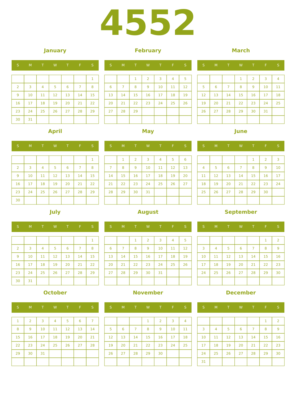 Printable 4552 Year Calendars chartreuse