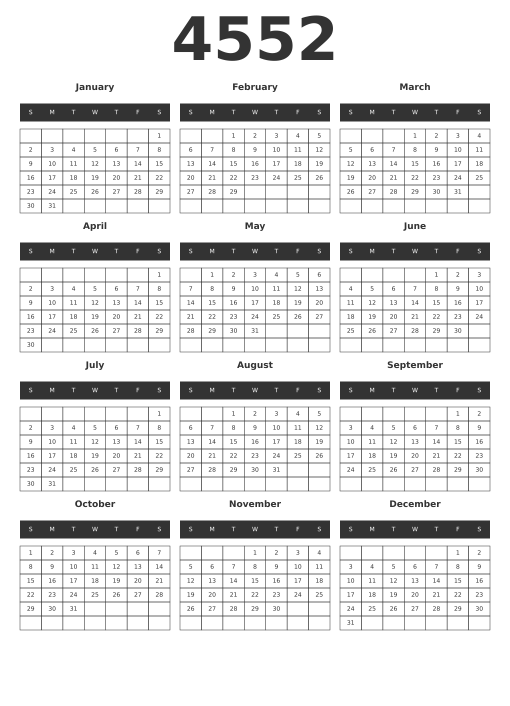 Printable 4552 Year Calendars dark