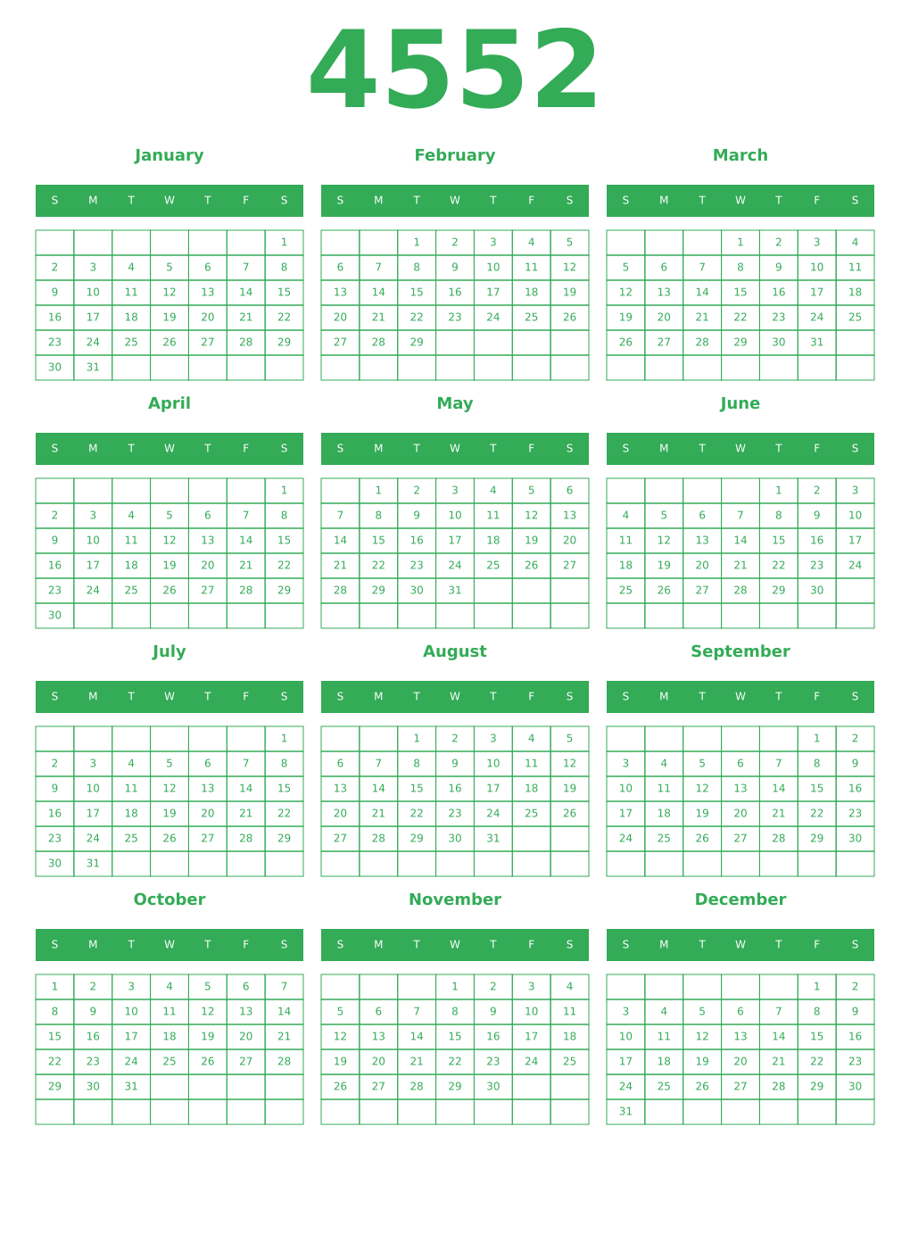 Printable 4552 Year Calendars green