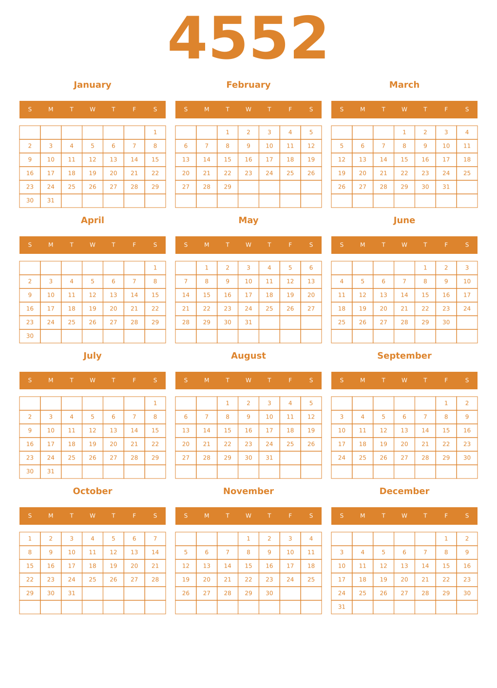 Printable 4552 Year Calendars orange